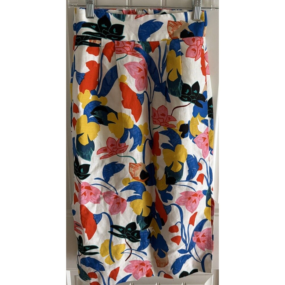 J Crew Women's Pencil Skirt Size 00 High Waisted Floral Linen Retro Preppy